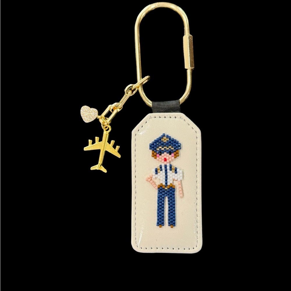 Hand Crafted Beaded Female Pilot Keychain with Gold Charms